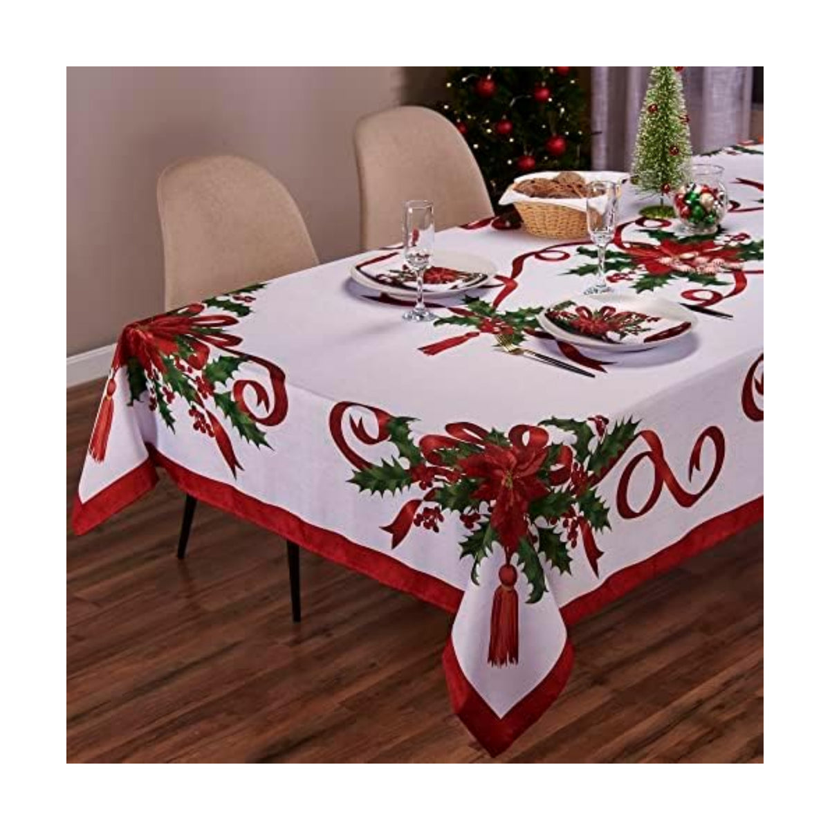 Kadut Christmas Ribbon Tablecloth (70 x 120 Inch) for 8 Foot Rectangle Tables, Heavy Duty Fabric, Stain Proof Xmas Ribbon Table Cloth for Harvest, Holiday, and Fall, & Christmas Dinner.