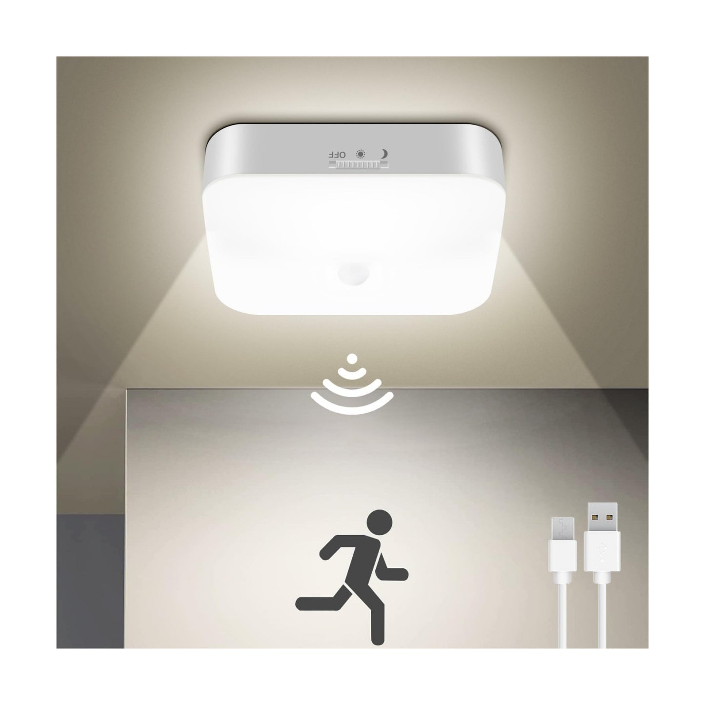 Rechargeable Motion Sensor Closet Light, 500LM Wireless Ceiling Light White | 5000K Cool White, Battery Operated