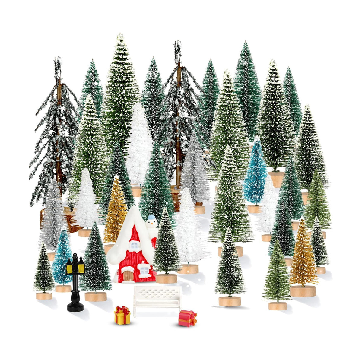 ONESING 31 Pcs Christmas Village Set With Bottle Brush Trees - Miniature Accessories for Home Indoor Winter Holiday Decorations