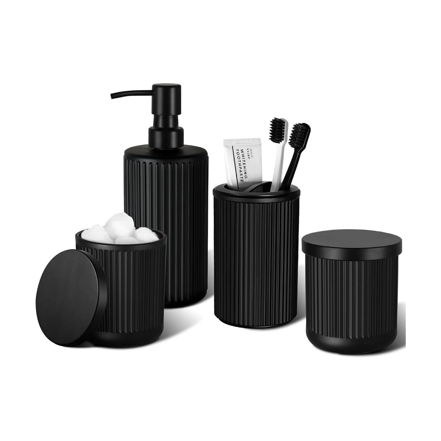 KASUNTING Matte Black Bathroom Accessories Set, 4 Pcs Glass Bathroom Accessory Set, Soap Dispenser, Toothbrush Holder