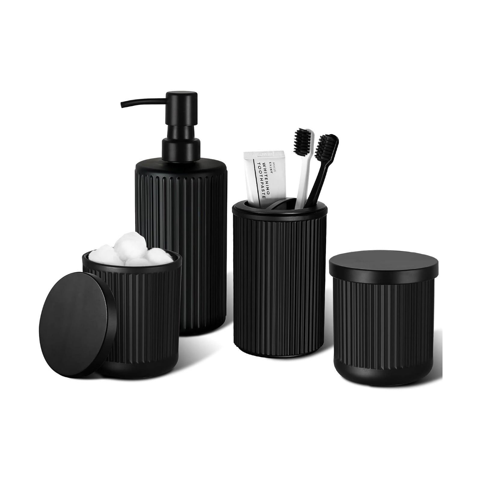 KASUNTING Matte Black Bathroom Accessories Set, 4 Pcs Glass Bathroom Accessory Set, Soap Dispenser, Toothbrush Holder