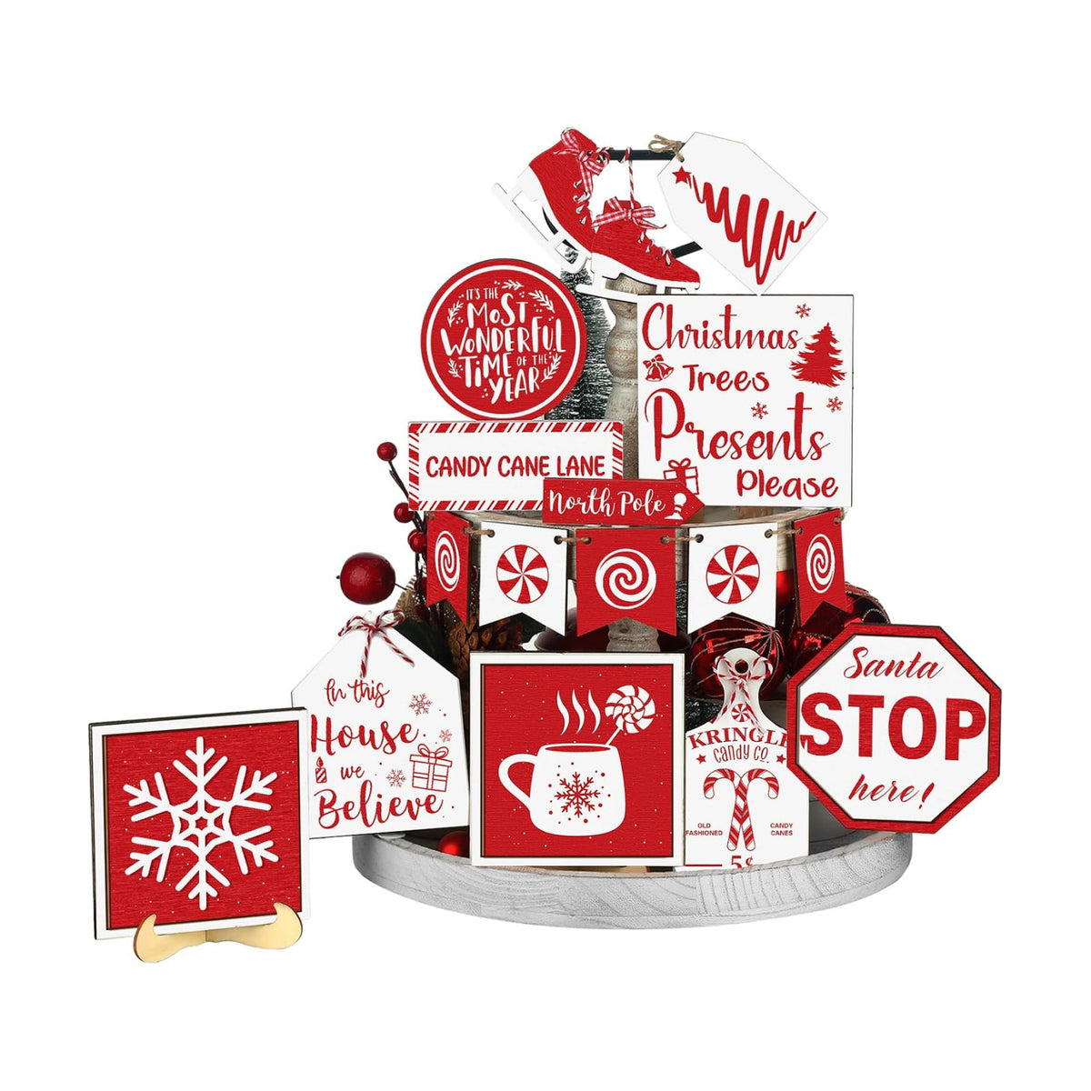 FairySandy 15 Pcs Christmas Tiered Tray Decor Rustic Christmas Decorations