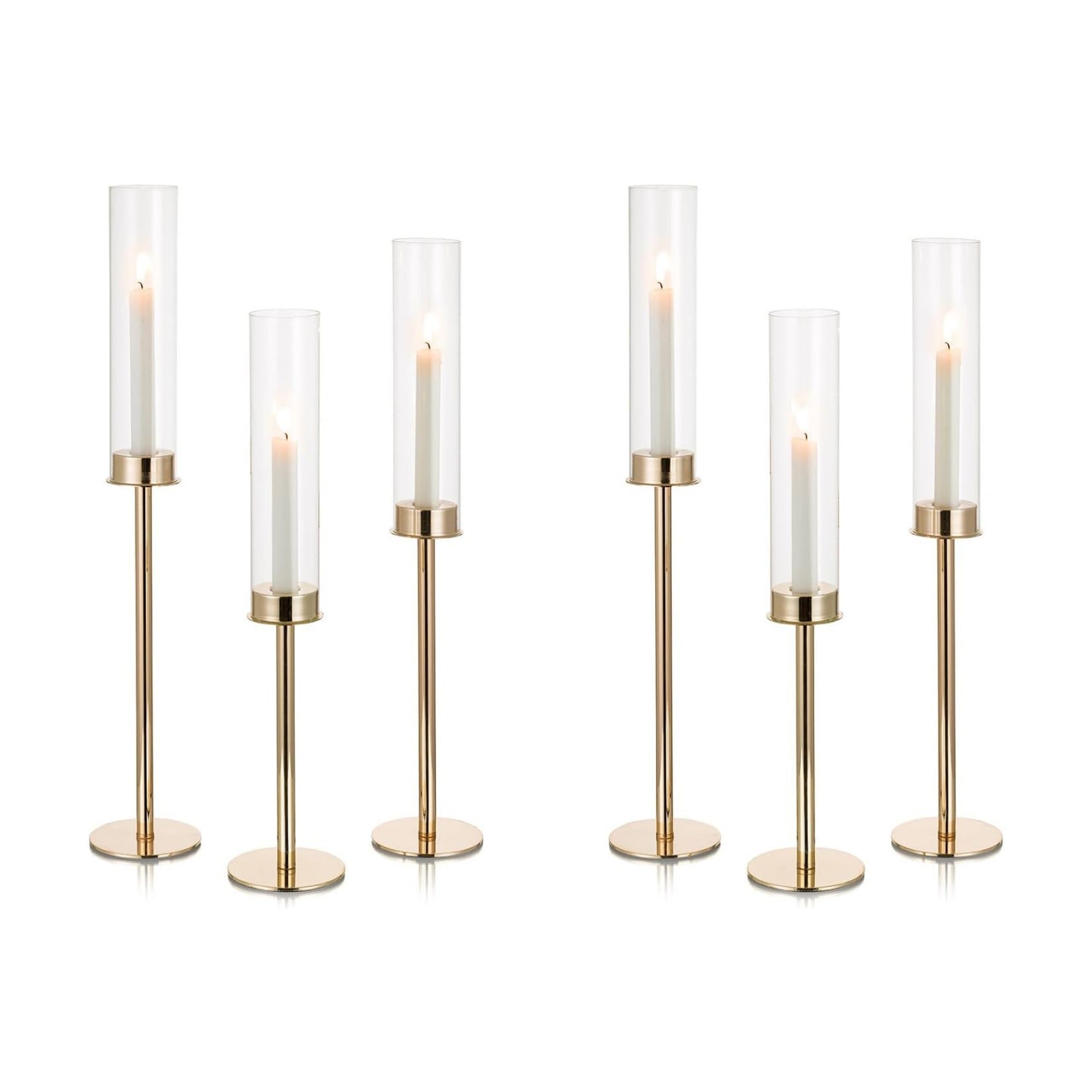 NUPTIO Hurricane Glass Candle Holders: Set of 6 Tall Gold Metal Candlestick Holder with Chimney Tube Brass Tiered Taper