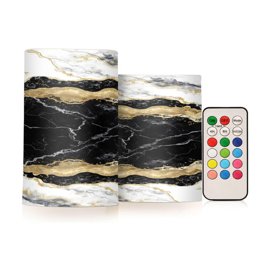 Flickering Flameless Candles, Black White Marble Gold Veins LED Candles with Remote Timer, Set of 2 Battery Operated