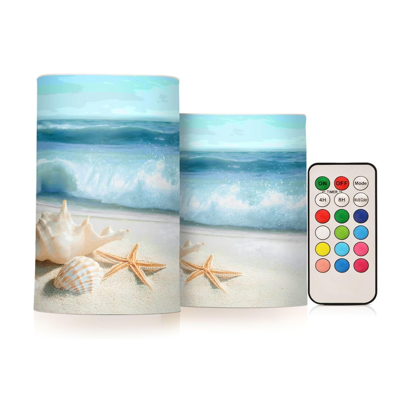 Flickering Flameless Candles, Shells Summer Sandy Beach LED Candles with Remote Timer, Set of 2 Battery Operated Candle