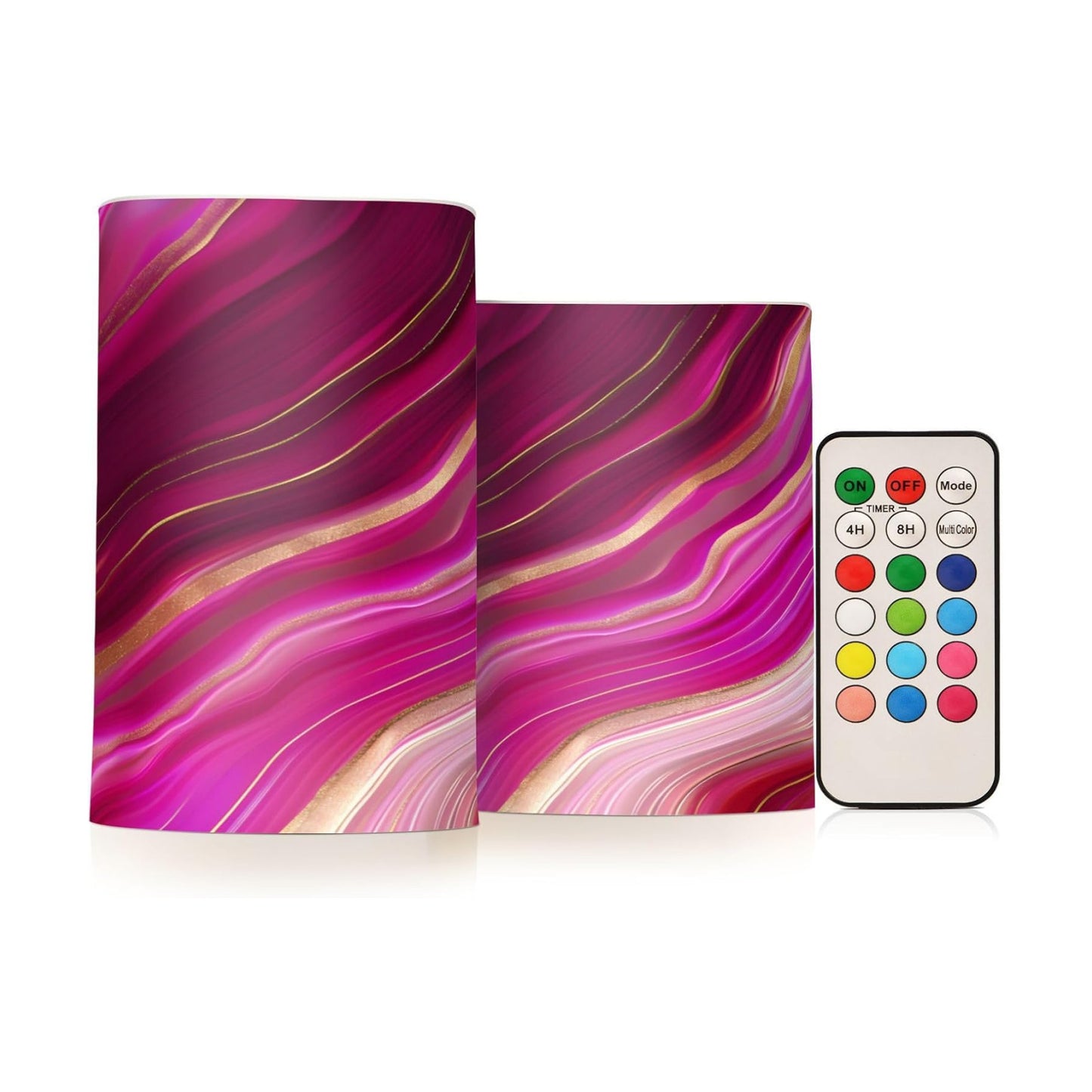 Flickering Flameless Candles, Fuchsia Gold Fluid Marble LED Candles with Remote Timer, Set of 2 Battery Operated Candle