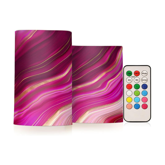Flickering Flameless Candles, Fuchsia Gold Fluid Marble LED Candles with Remote Timer, Set of 2 Battery Operated Candle