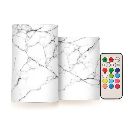 Flickering Flameless Candles, White and Black Marble LED Candles with Remote Timer, Set of 2 Battery Operated Candle