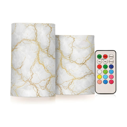 Flickering Flameless Candles, Marble Gray White Golden Texture LED Candles with Remote Timer, Set of 2 Battery Operated