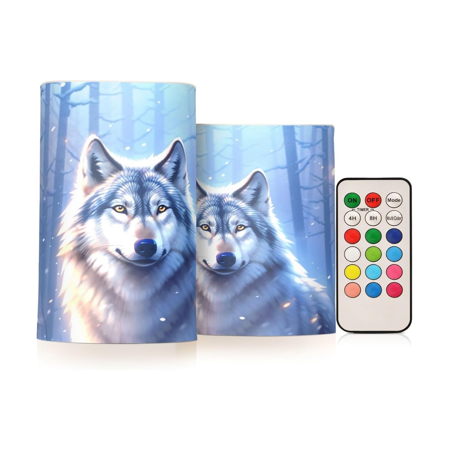 Flickering Flameless Candles, Wolf Winter Forest LED Candles with Remote Timer, Set of 2 Battery Operated Candle for