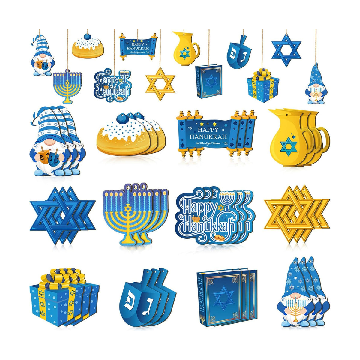 Qunclay 36 Pcs Hanukkah Ornaments Chanukah Wooden Hanging Ornament Star of David Menorah Gnome Happy Hanukkah Wood Pendant Blue Yellow Jewish Home Decorations for Christmas Tree Party Decor