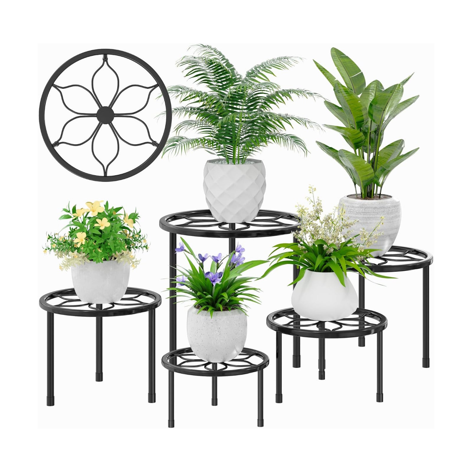 VECELO Metal Plant Stands Set of 5, Multiple Heavy Duty Flower Pot Stand, Round Plant Holder, Black