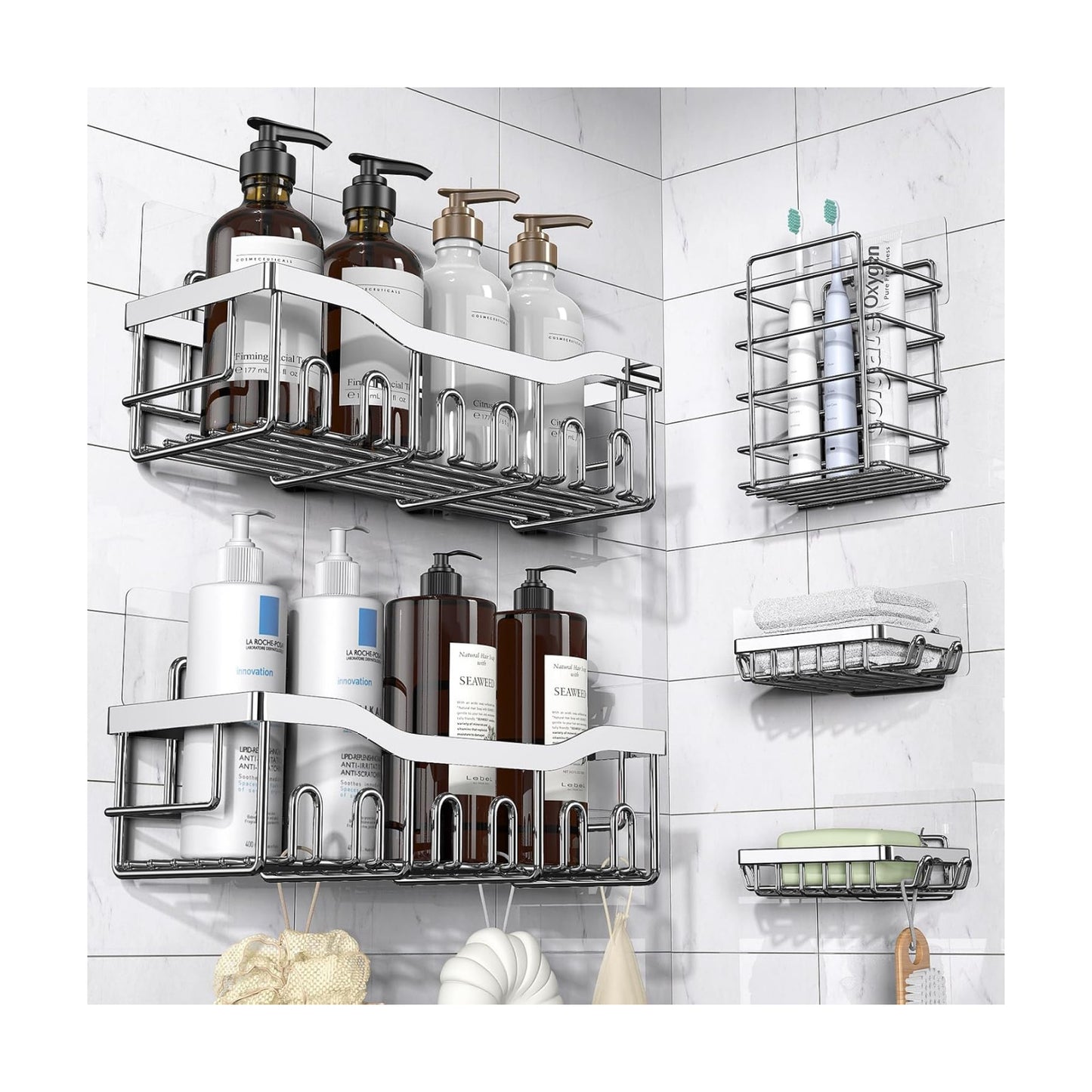 EUDELE 5-Pack Adhesive Shower Caddy Organizer, Large Capacity Rustproof Stainless Steel Shower Shelves, No Drill