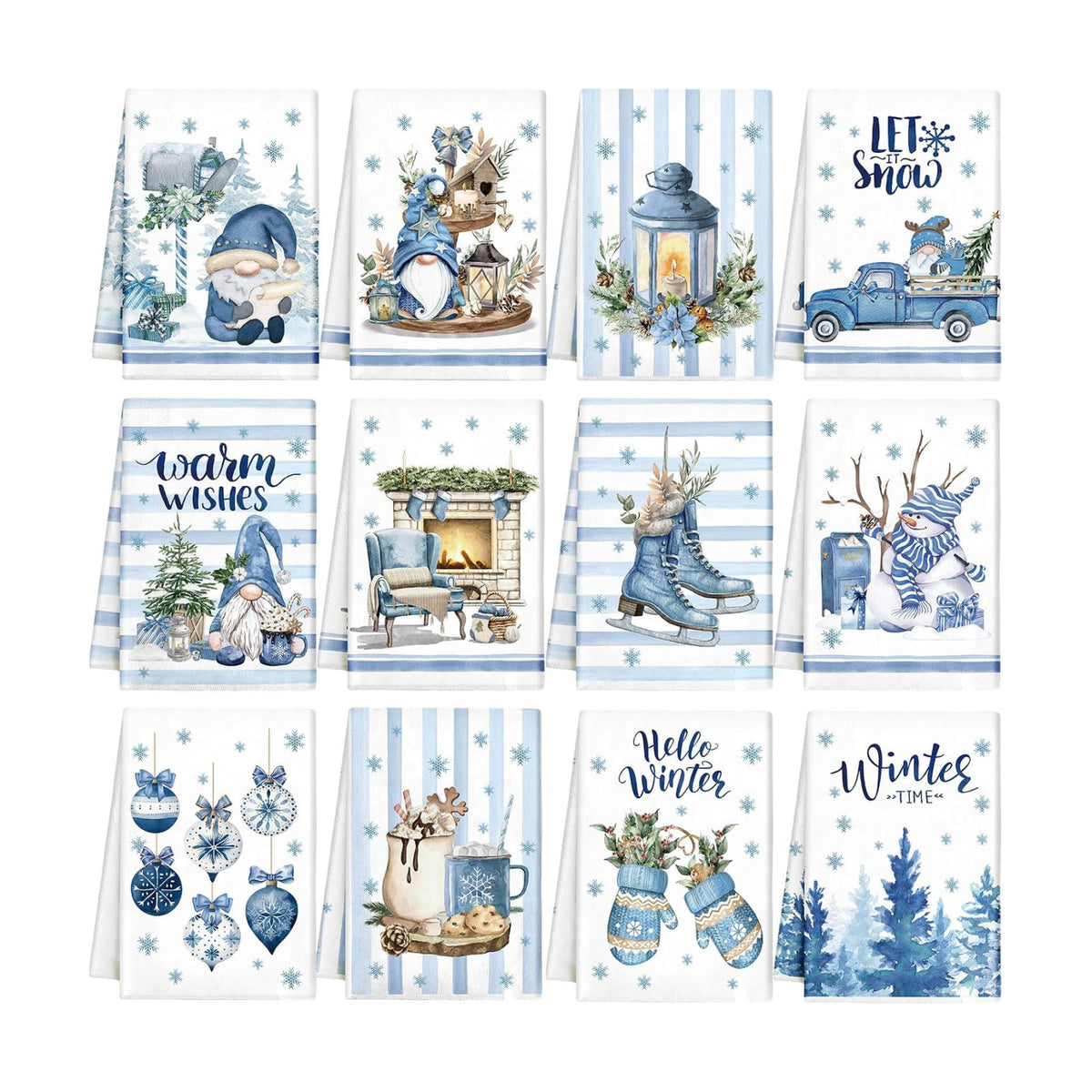 VitalCozy 12 Pcs Blue Christmas Kitchen Towels, Hello Winter Dishcloths