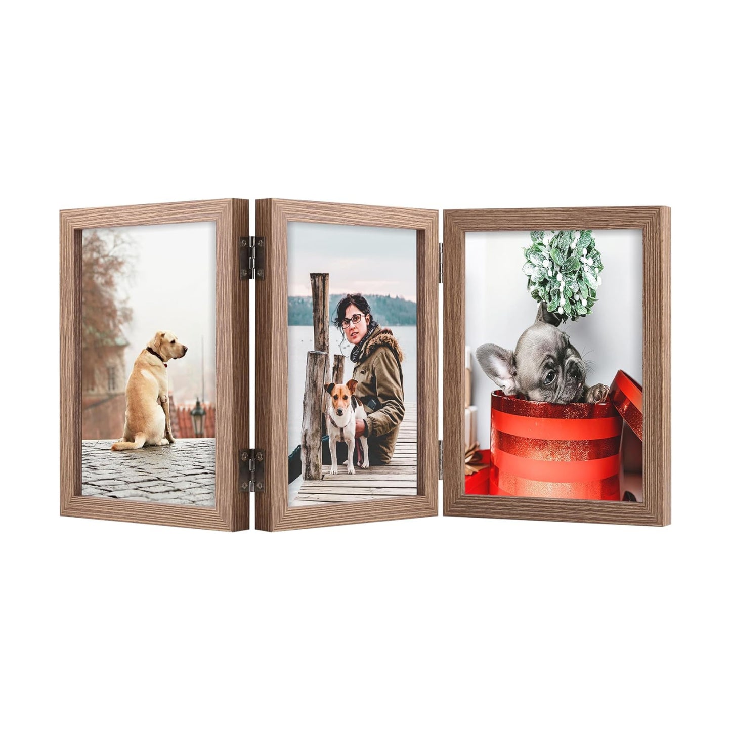 3 Picture Frame Triple Wooden Three Hinged Photo Frame Definition Glass Stand / Grain / 4 x 6
