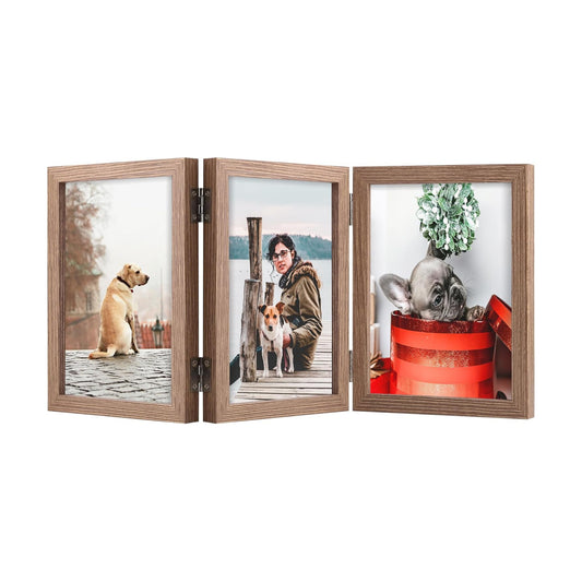 3 Picture Frame Triple Wooden Three Hinged Photo Frame Definition Glass Stand / Grain / 4 x 6