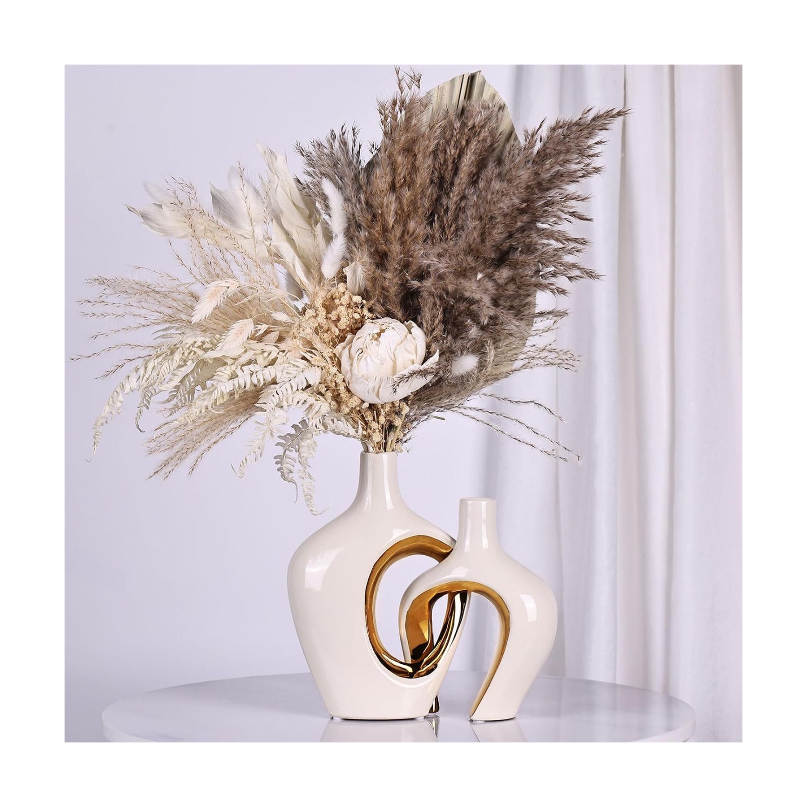 Ceramic Vase / Modern Donut & Hollow Style / White and Gold / Set of 2