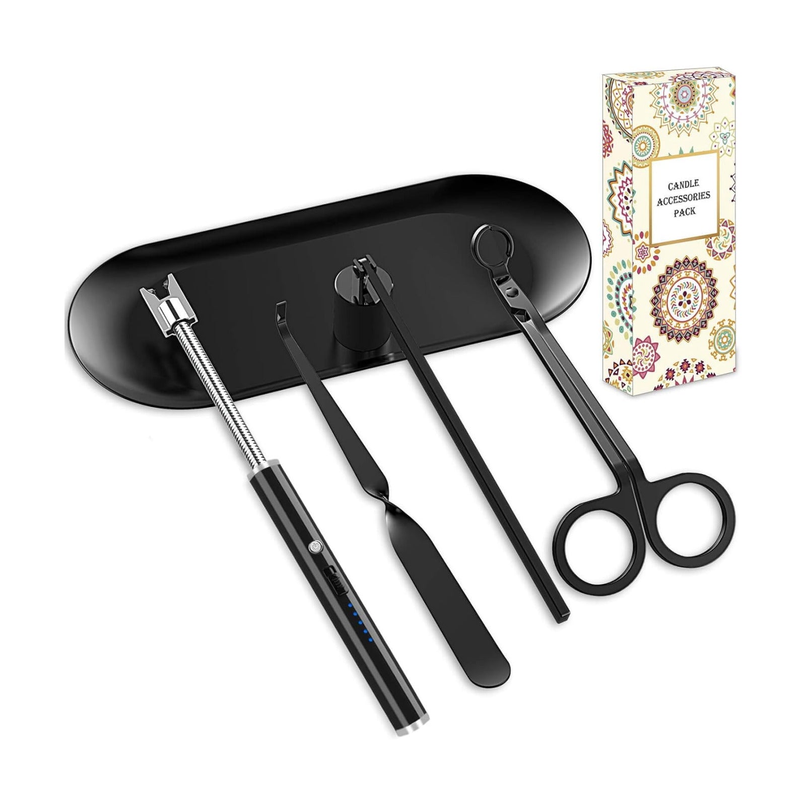 Black 5 in 1 Candle Care Kit, Elegant Candle Wick Trimmer Set, Candle Lighter Set, Candle Snuffer, Candle Tray, Candle