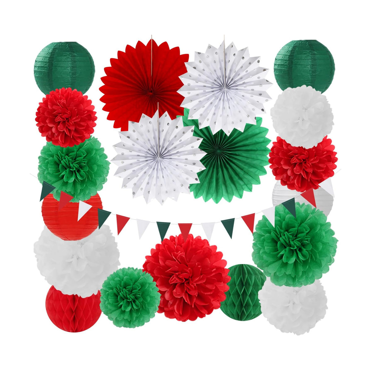 Red Green-White Christmas Party Decorations - 20pcs Mexican Italian Paper Lanterns Fans,Tissue Pom Poms,Honeycomb Balls,Bunting,Birthday Mexico Italy Baby Shower Wedding Decor Burgleda