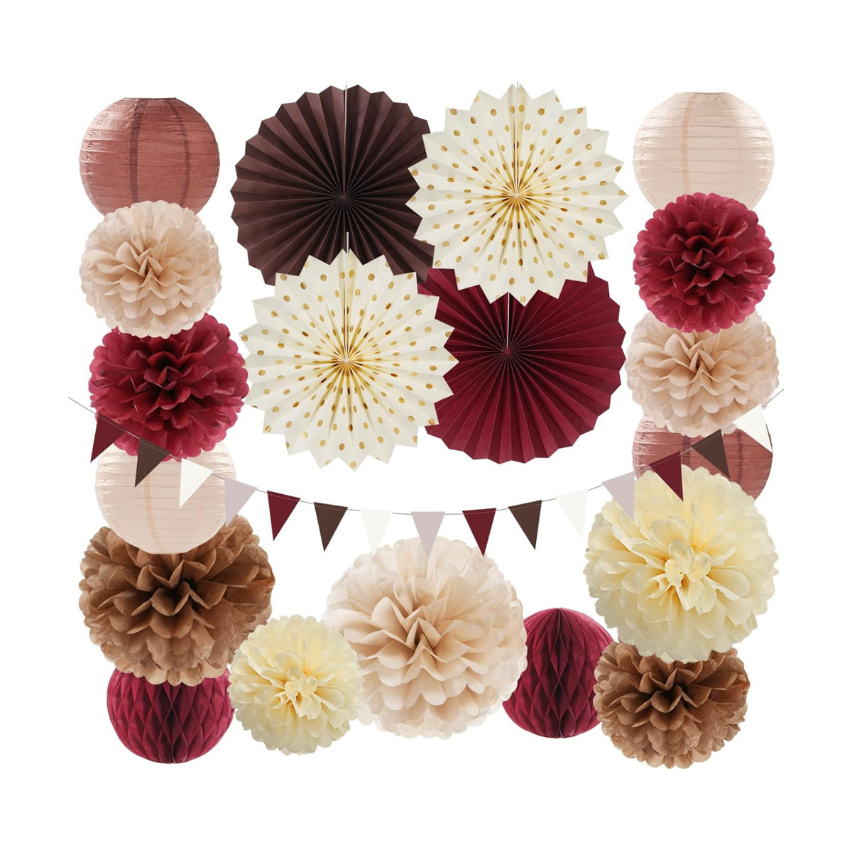 Burgundy Brown Beige Boho Party-Decorations - 20pcs Dusty Pink Fall Birthday Paper Lanterns Fans,Tissue Pom Poms,Honeycomb Balls,Autumn Wedding Bridal Shower Rustic Neutral Baby Decor Burgleda