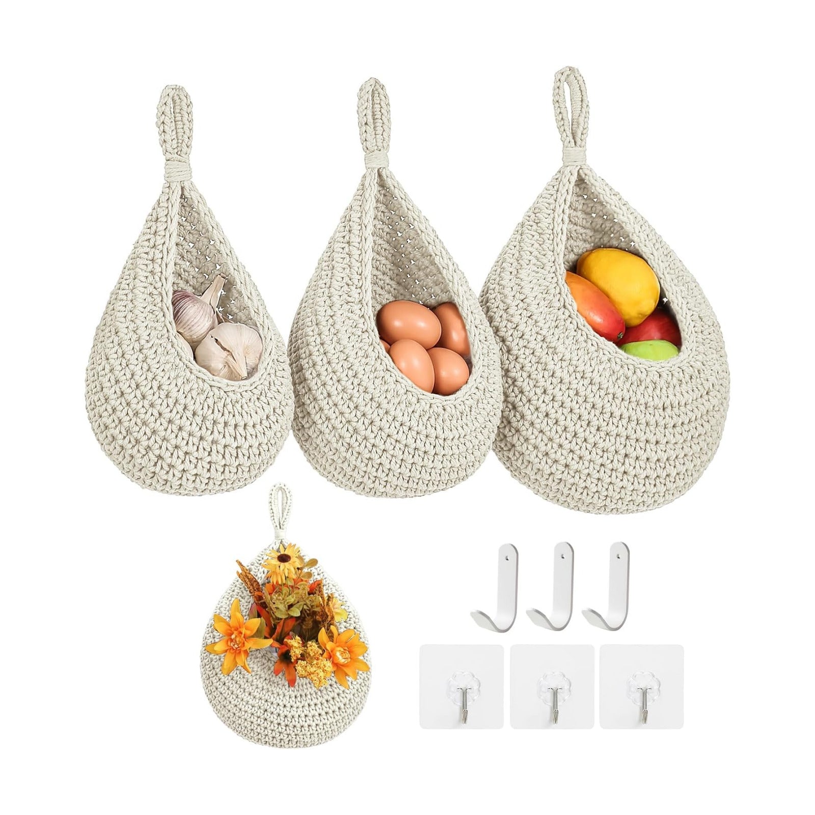 Boho Wall Hanging Fruit Baskets / White / Set of 6