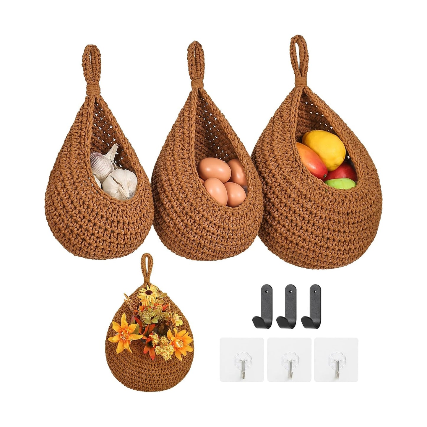Boho Wall Hanging Fruit Baskets / Caramel / Set of 6
