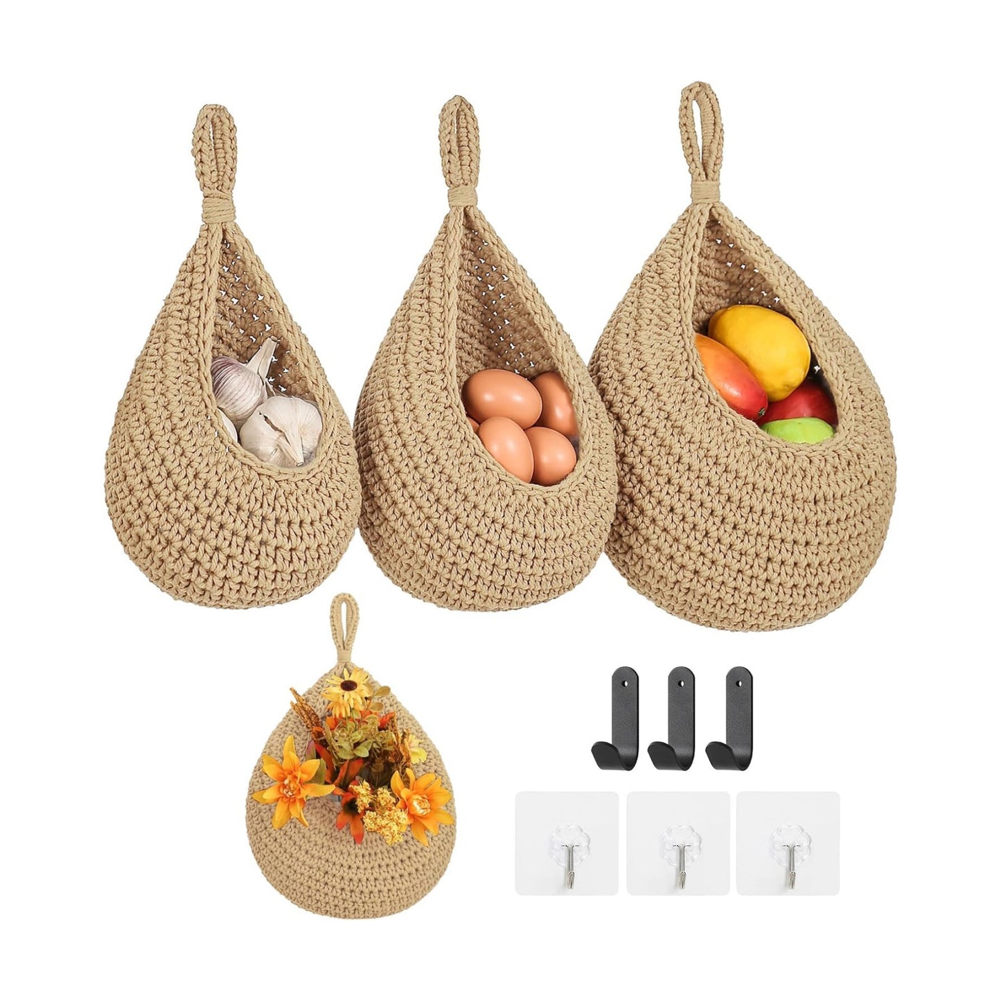 Boho Wall Hanging Fruit Baskets / Linen / Set of 6