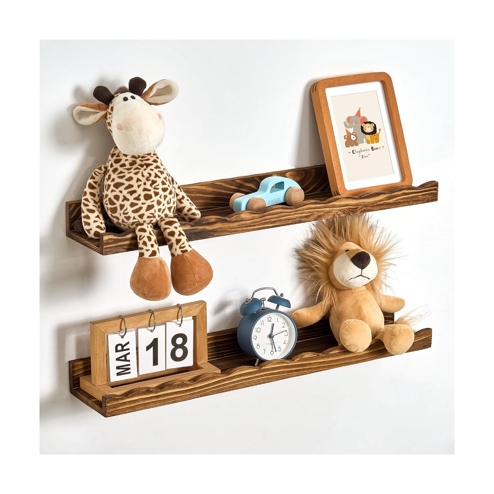 Fun Memories Picture Ledge Shelf for Wall, 24 inch Pine Wood Nursery Book Shelves Set of 2- Wall Book Shelves for Kids