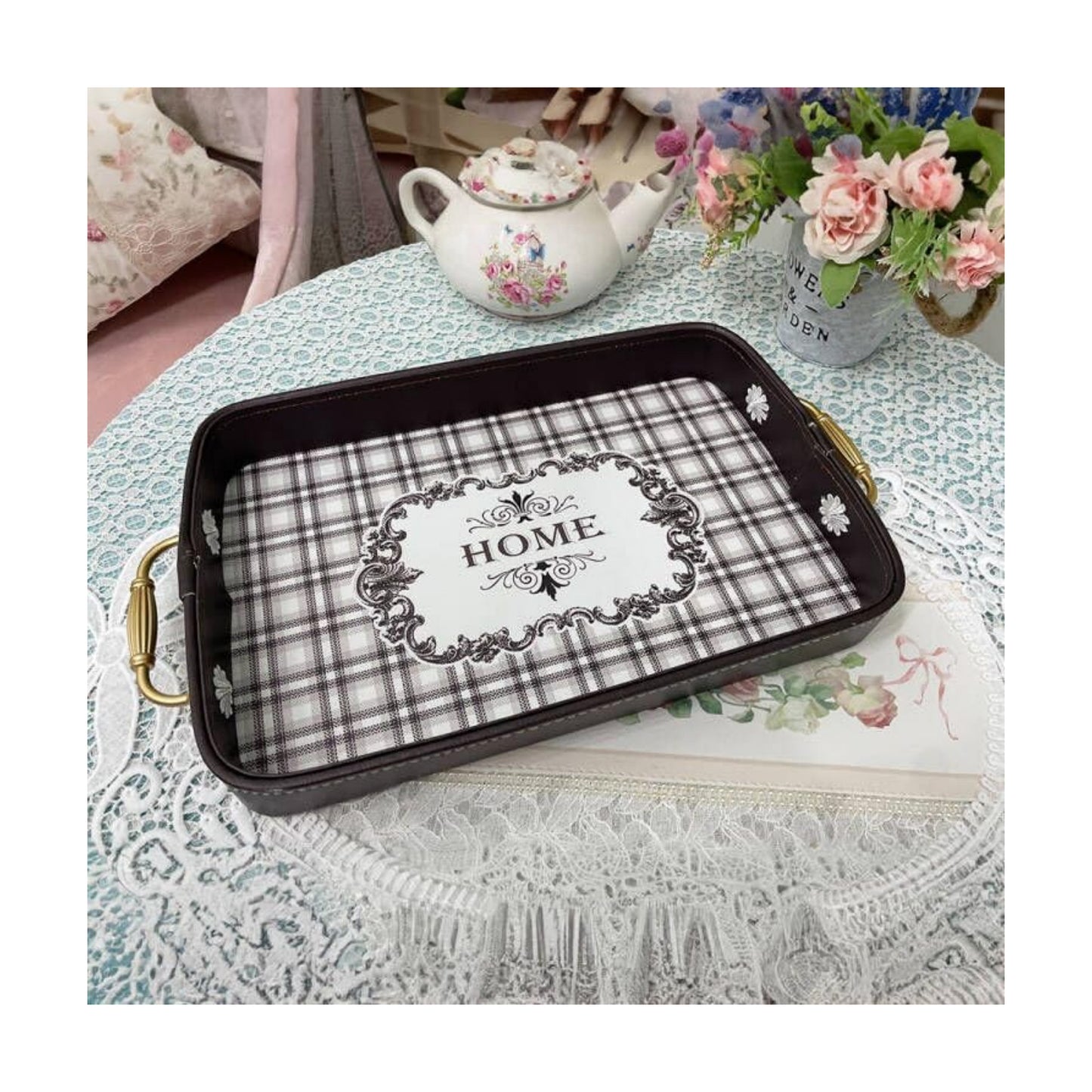Elegant Leather Serving Tray / Black and White Checkered D