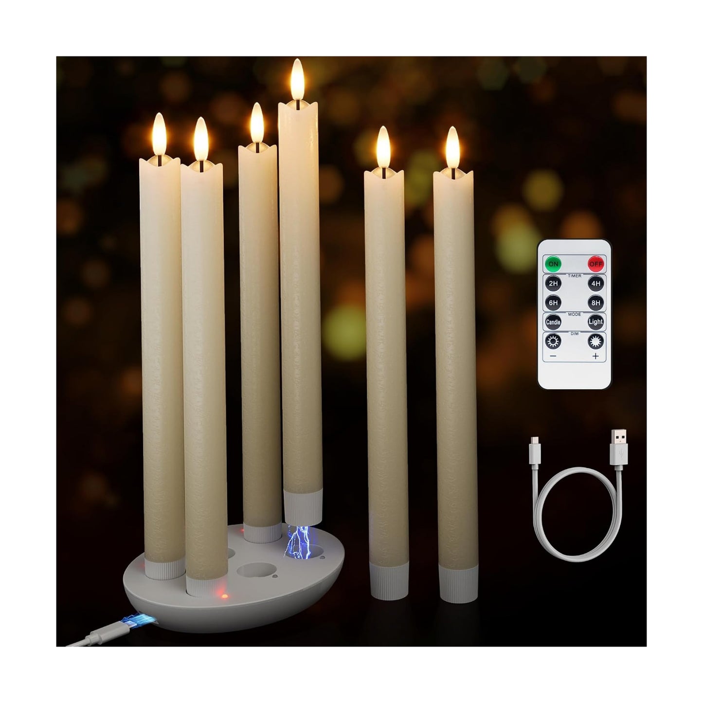 Rechargeable Flameless Taper Candles with Remote, Charging Base, 6 Pcs | 0.78x9.6" ivory wax LED tapers, 3D flicker