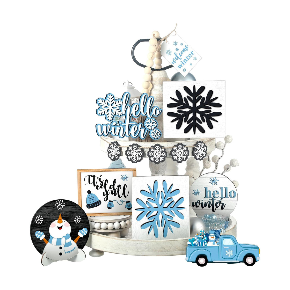 FairySandy 15 Pcs Winter Tiered Tray Decor Snowman Snowflakes Wooden Signs