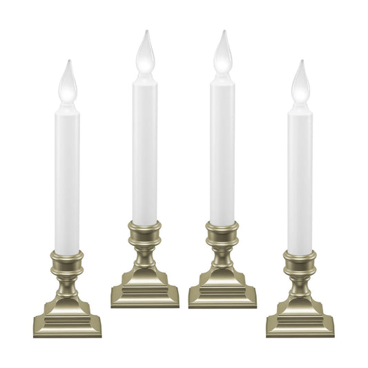 Bright White LED Battery Operated Window Candles, Pewter 4-Pack | Automatic Timer, Bright Hot Spot, Weighted Plastic
