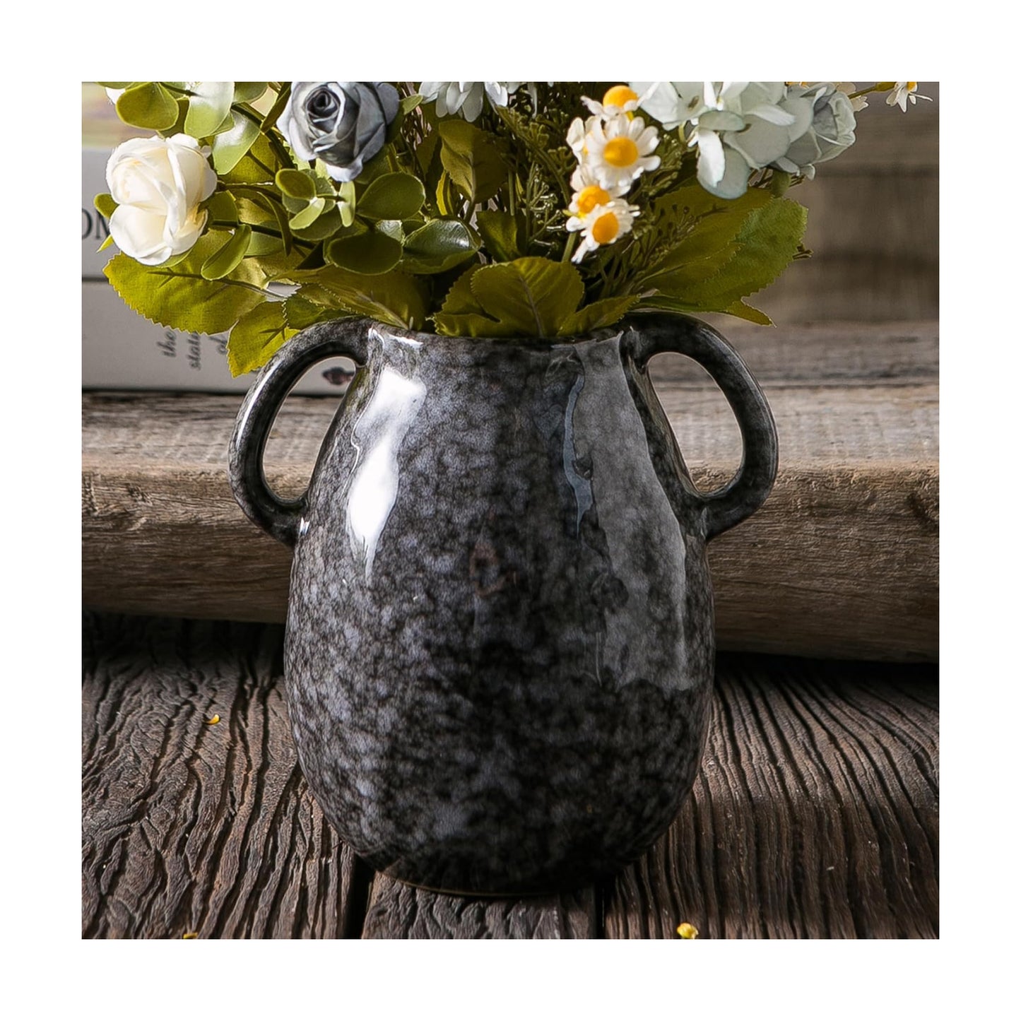 Black Ceramic Vase / Double Handle - Black