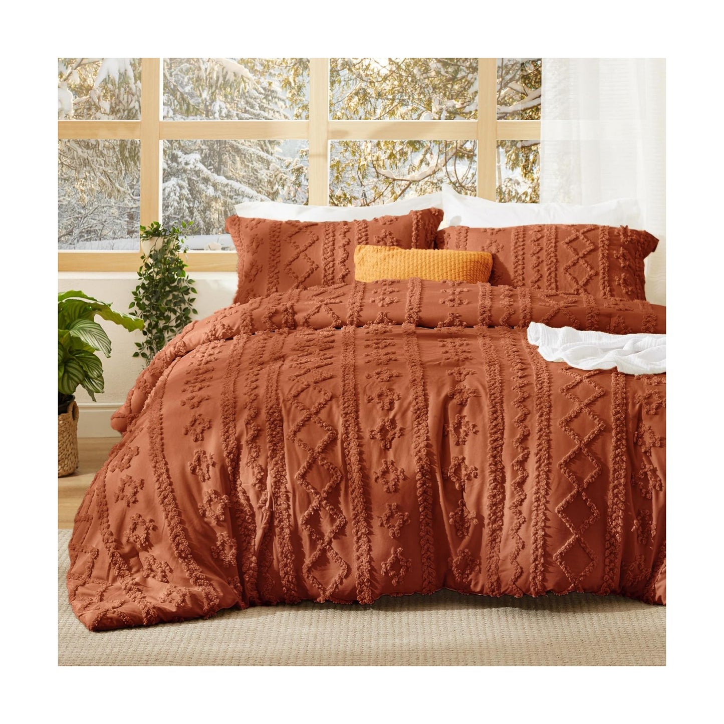 Bedsure Tufted Boho Comforter Set Queen Size - Terracotta Boho Bed Set, GentleSoft™ 3 Pieces Farmhouse-Style Embroidery