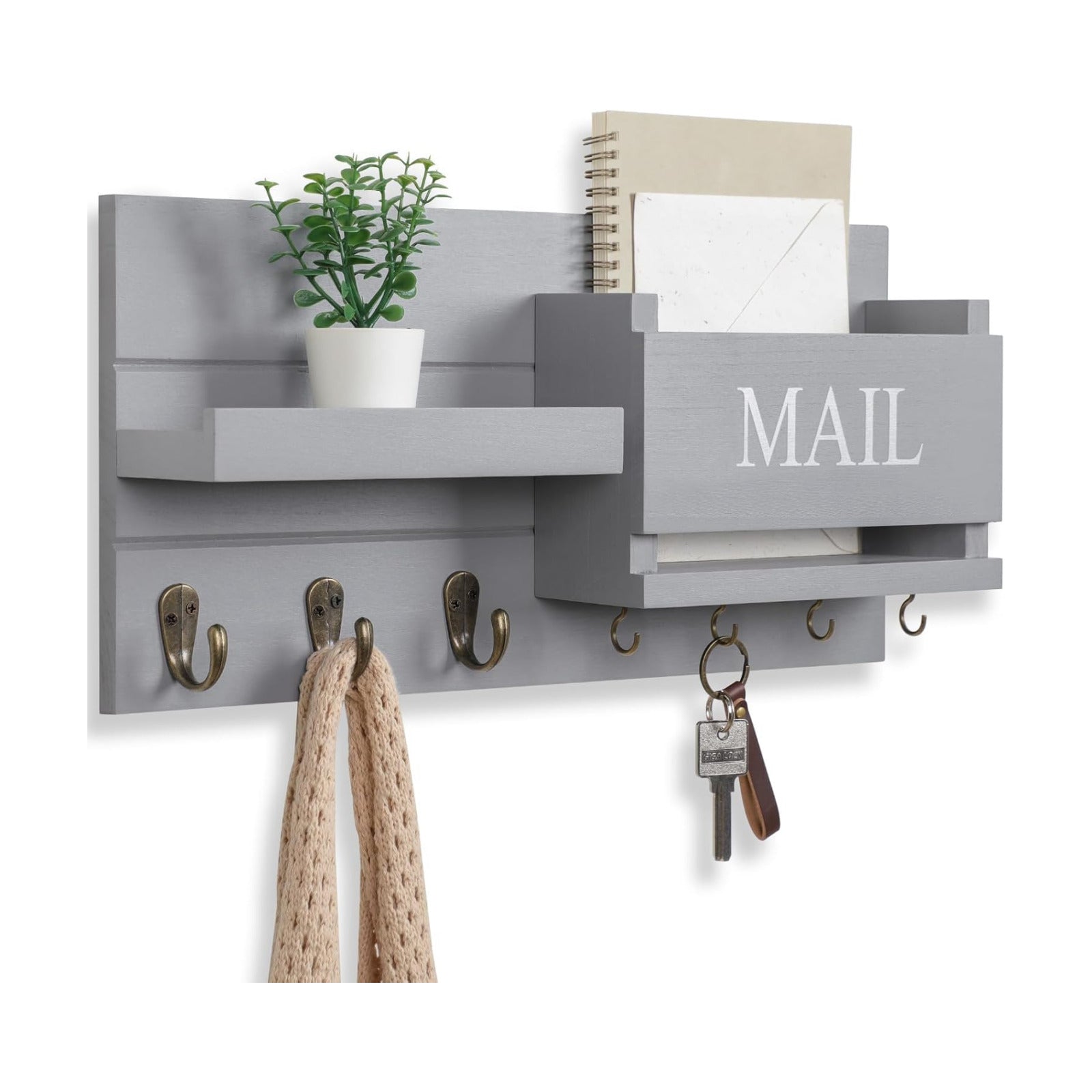 Shelf Includes Letter Holder and Hooks for Hallway Farmhouse / Gray