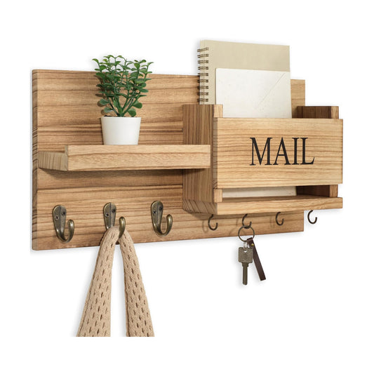 Shelf Includes Letter Holder and Hooks for Hallway Farmhouse / Wood