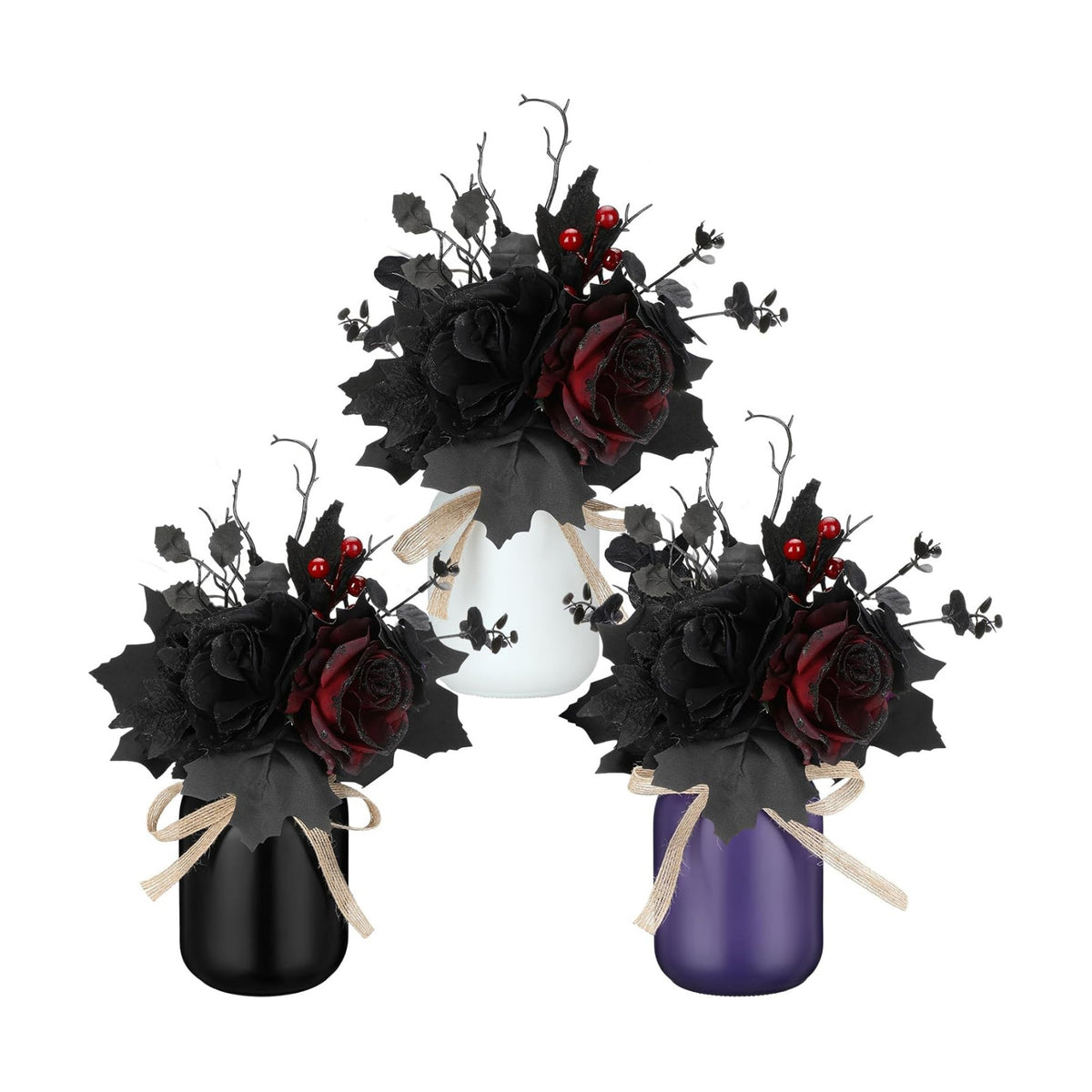 Gejoy 3 Pcs Halloween Table Decor Set Mason Jar with Artificial Flower Black Red Table Centerpieces Faux Flowers with Vases for Halloween Floral Arrangements Home Decorations