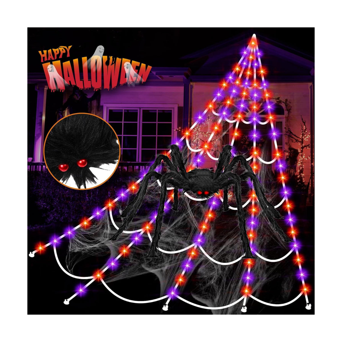 Halloween Giant Spider Web Lights Decorations Outdoor, 16.4Ft 200 LED Lighted Spider Web Light up with 8 Modes for Yard House Decor