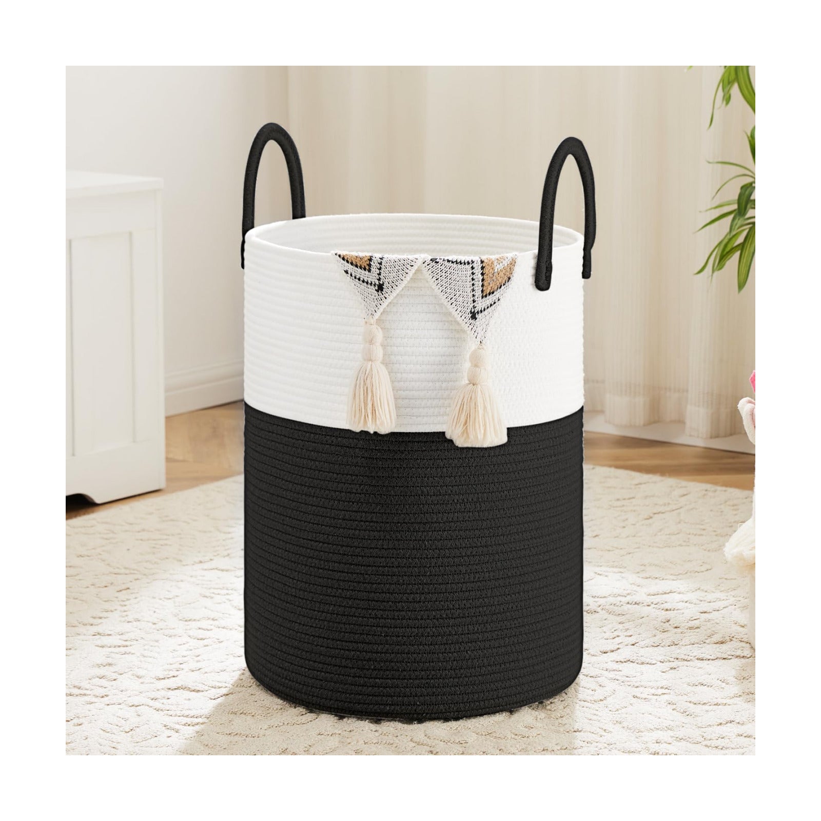 Laundry Basket / Woven Cotton Rope Laundry Hamper / Black / 60L