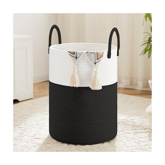Laundry Basket / Woven Cotton Rope Laundry Hamper / Black / 60L