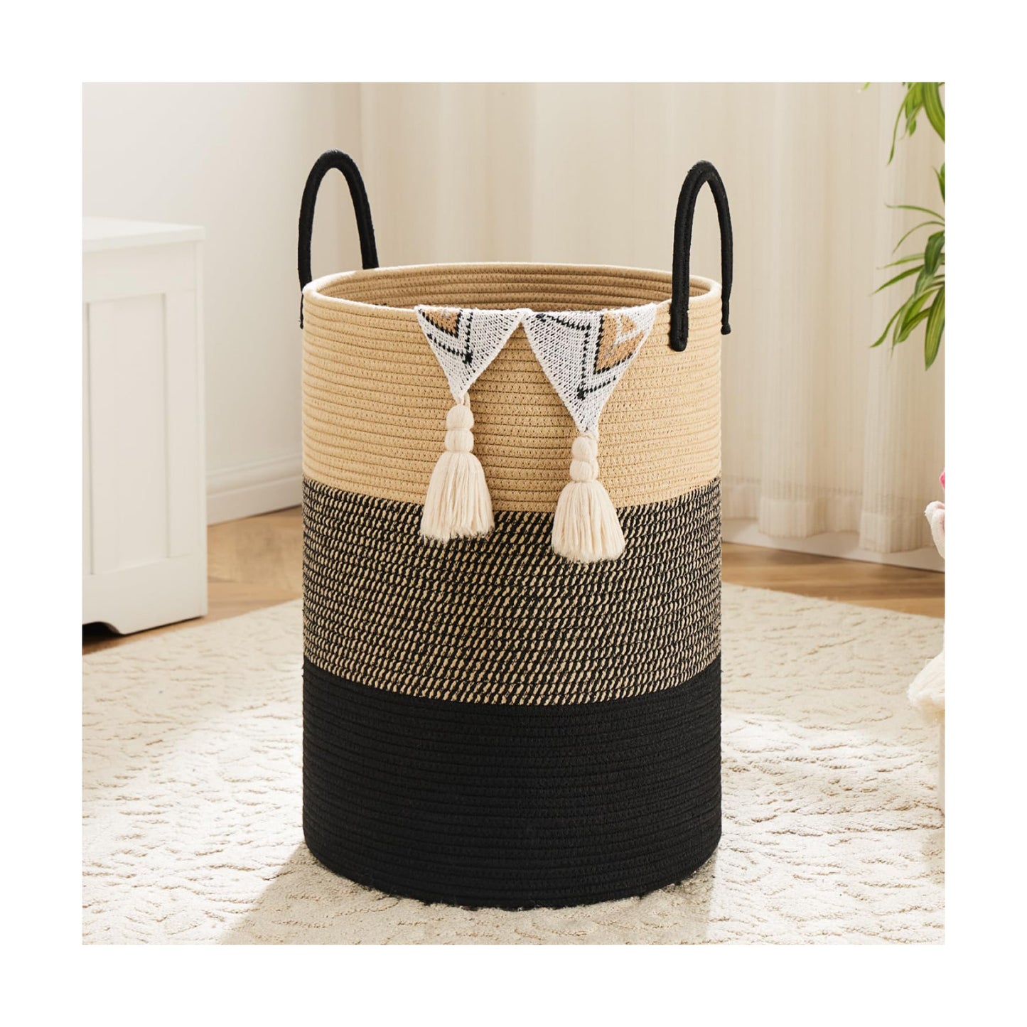 Laundry Basket / Woven Cotton Rope Laundry Hamper / Black & Brown / 60L