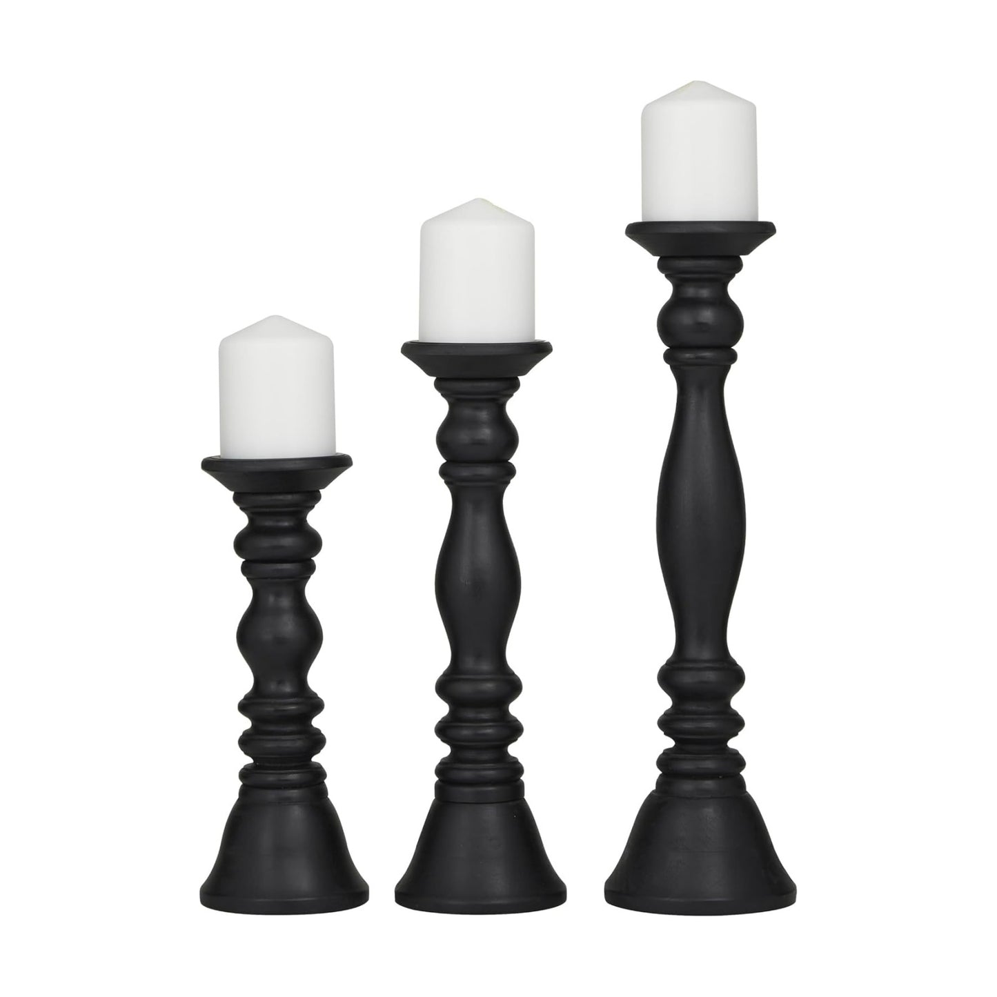 Deco 79 Wood Decorative Candle Holder Turned Style Pillar Candle Stand, Set of 3 Candlestick Holder 18, 15, 12'H, Black