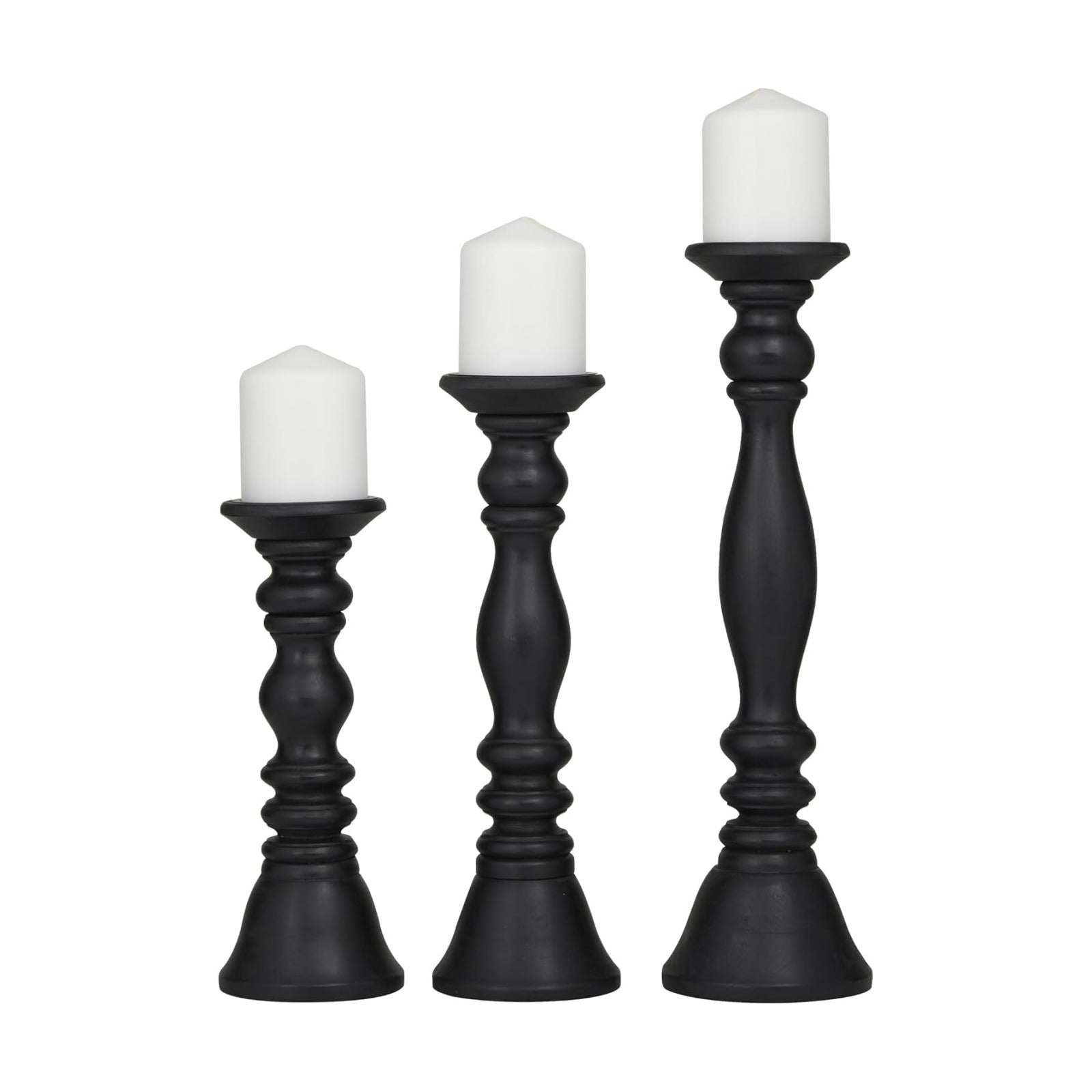 Deco 79 Wood Decorative Candle Holder Turned Style Pillar Candle Stand, Set of 3 Candlestick Holder 18, 15, 12'H, Black