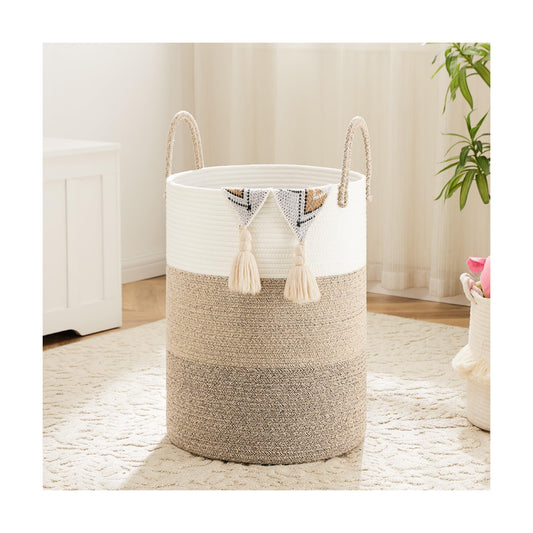Laundry Basket / Woven Cotton Rope Laundry Hamper / Brown & White / 40L