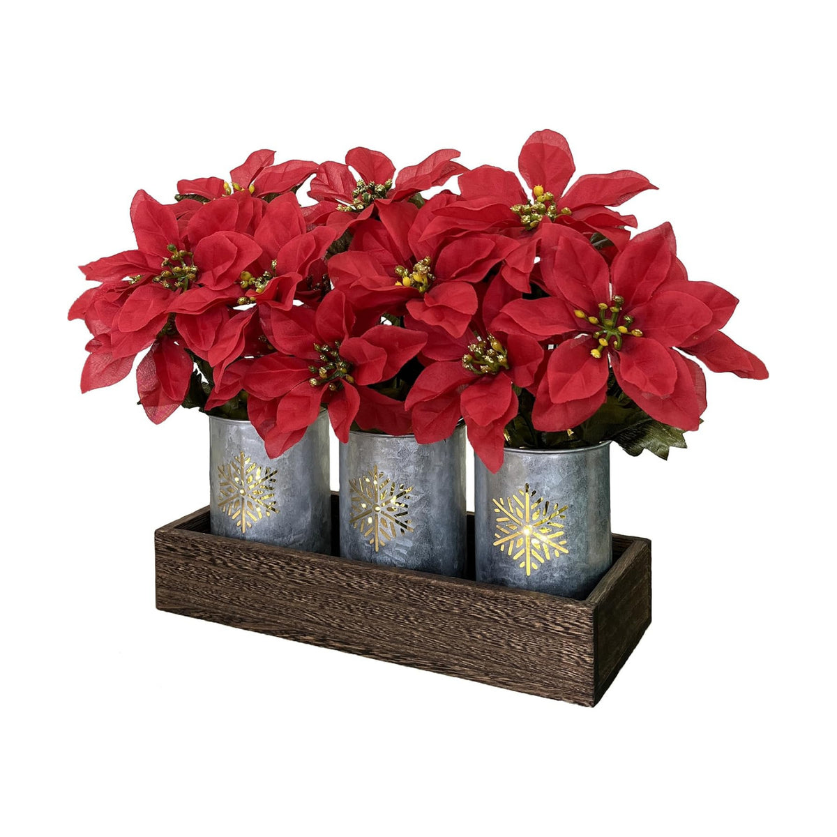 Poinsettias Artificial Christmas Flowers with LED Lights, Red Xmas Table Centerpiece in Pots and Wood Box for Decoration