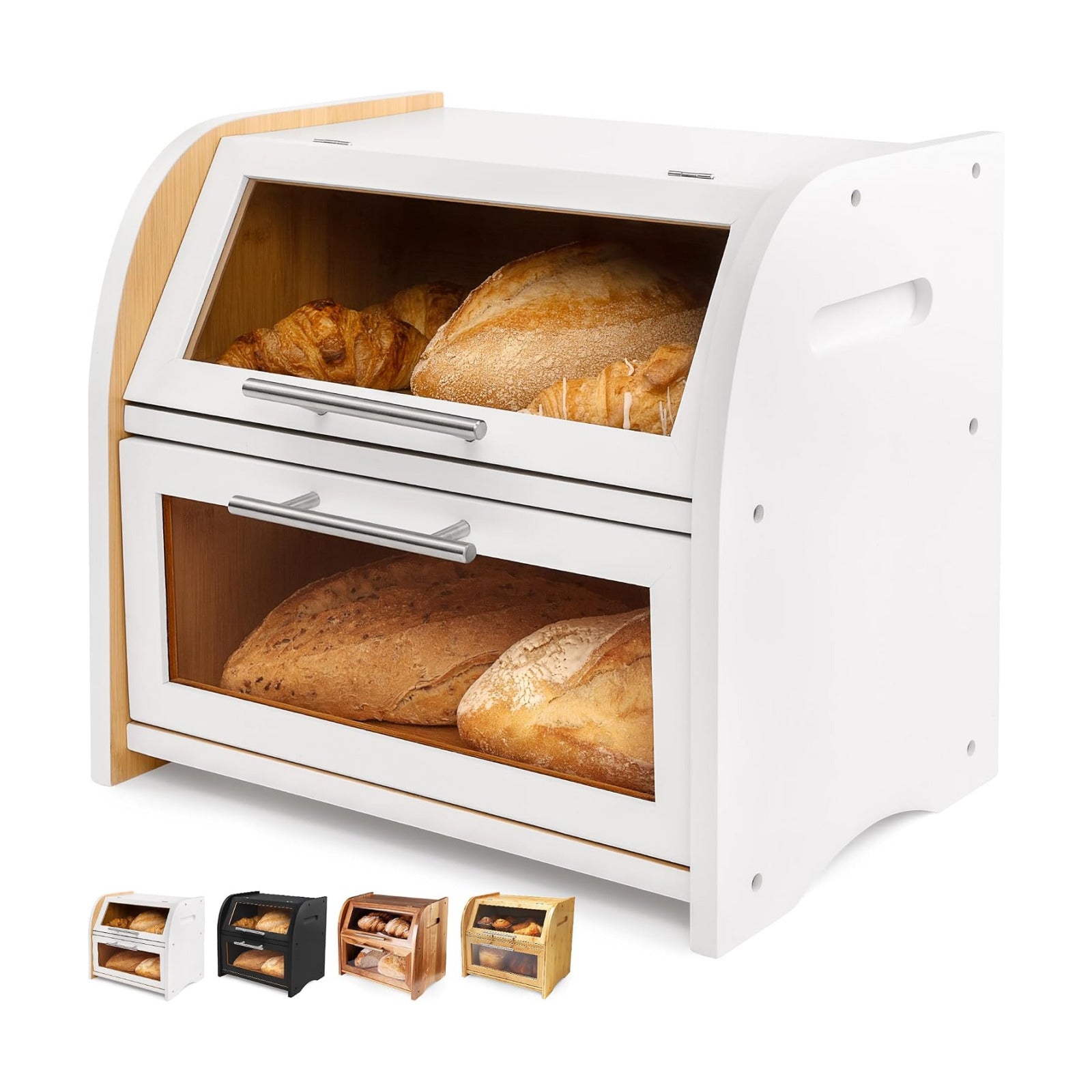 Arise Stylish Bamboo Bread Box for Kitchen Countertop, Extra Large 2-Shelf Wooden Bread Storage Container with Clear