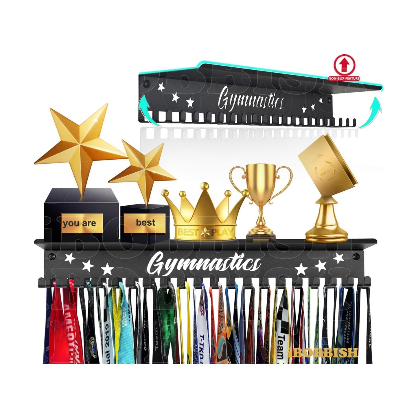 iBobbish Metal Medal Hanger Display,Non-Slip Trophy Shelf with 20 Hooks,Wall Mount,Heavy Duty,Non-Bent,Holds