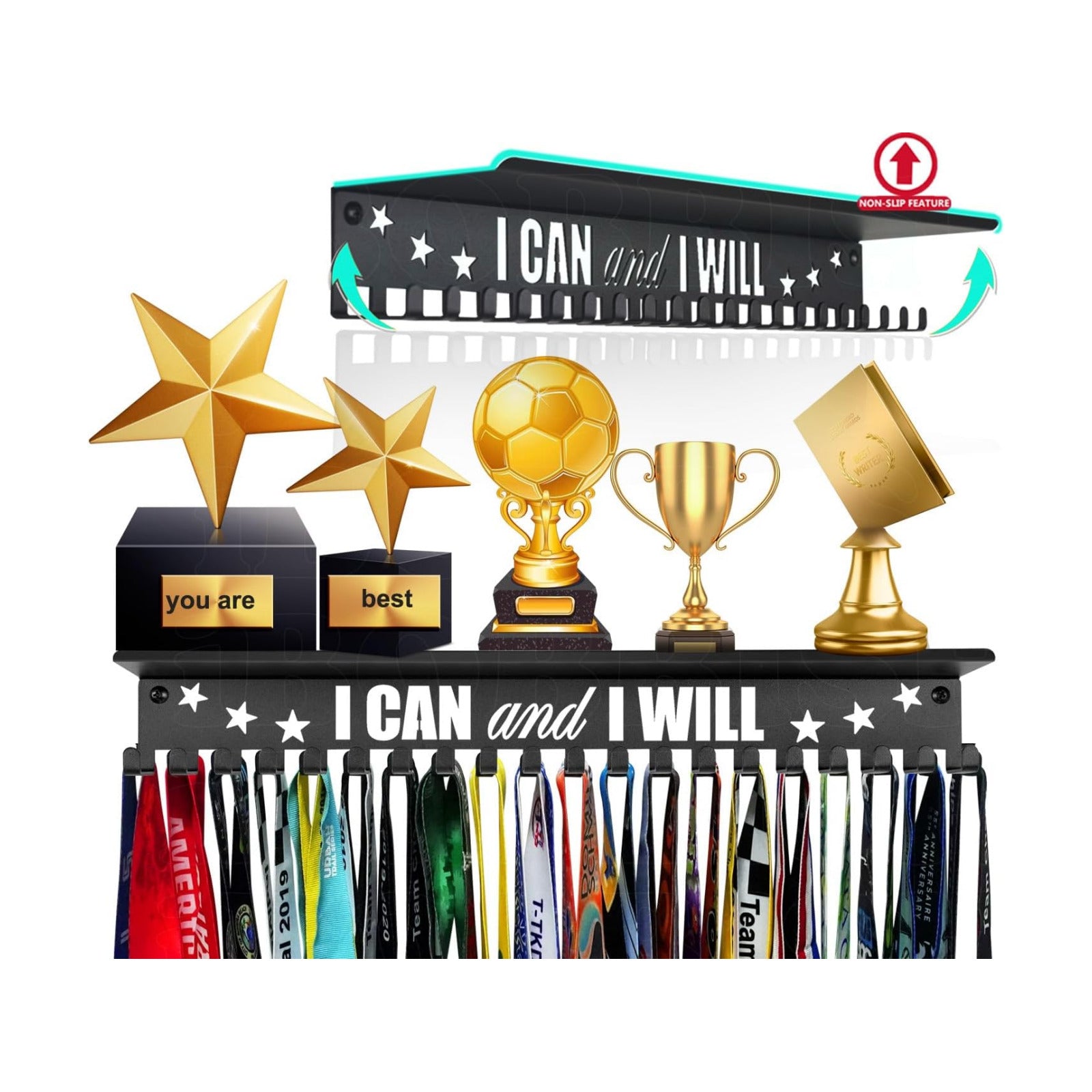 iBobbish Metal Medal Hanger Display,Non-Slip Trophy Shelf with 20 Hooks,Wall Mount,Heavy Duty,Non-Bent,Holds