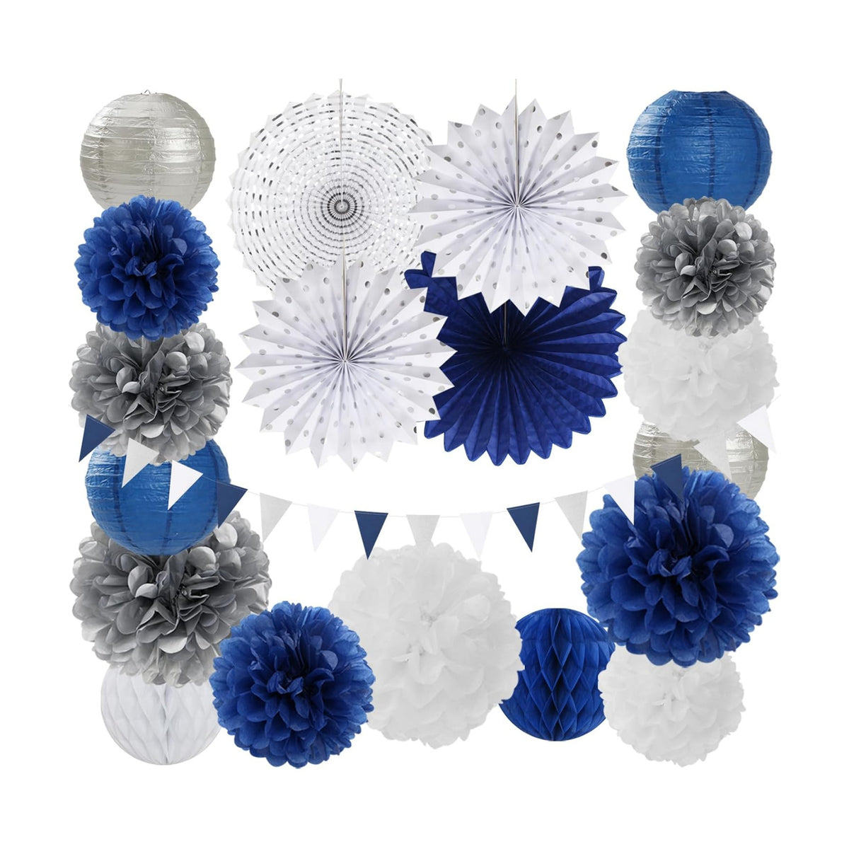 Navy-Blue White Silver Party-Decorations - 20pcs Graduation Paper Lanterns Fans,Tissue Pom Poms,Honeycomb Balls,Bunting,Birthday Bridal Bachelorette Christmas Baby Shower Wedding Decor Burgleda