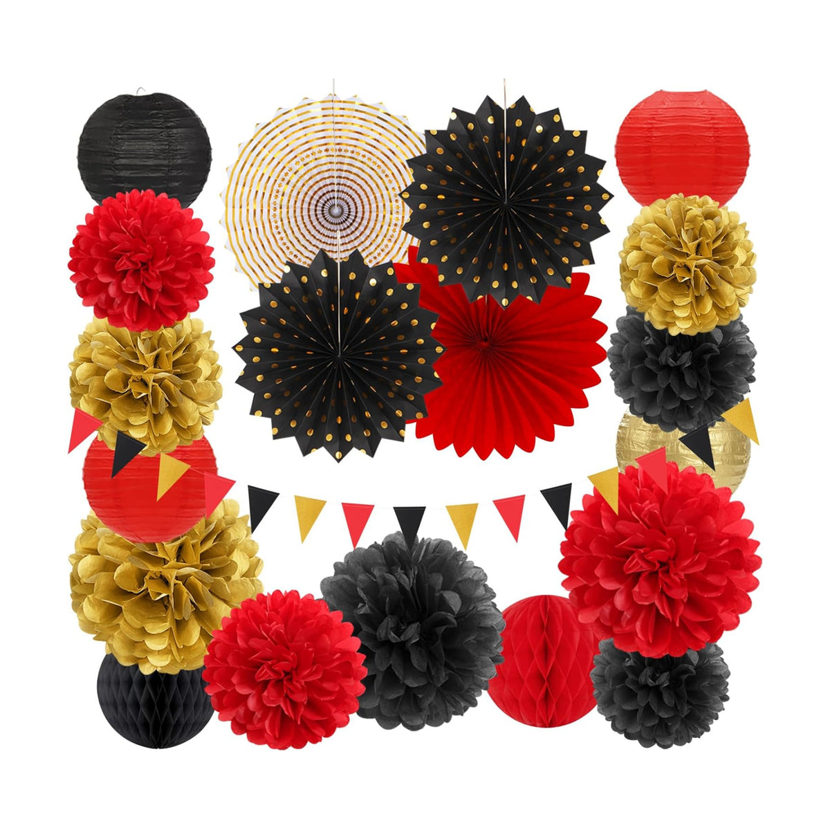 Red-Black Gold Casino Theme Party-Decorations - 20pcs Game Night Paper Lanterns Fans,Tissue Pom Poms,Honeycomb Balls,Bunting,Birthday Graduation Wedding Bridal Baby Shower Decor Burgleda